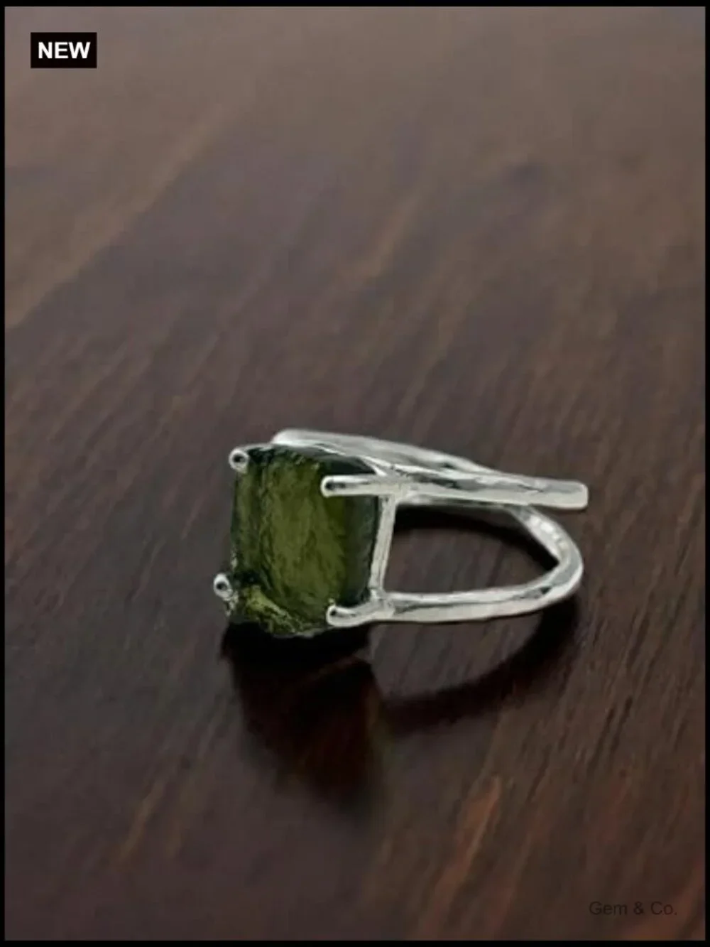 Rough Moldavite Silver Ring 925 Sterling Gemstone Certified Czech Statement Ring